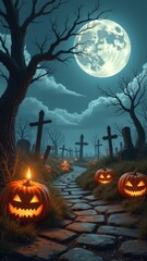Fototapeta premium Eerie Glow: Halloween Pumpkins and Misty Moon