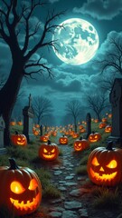 Eerie Glow: Halloween Pumpkins and Misty Moon