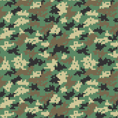 Digital Pixel Camouflage seamless fabric print pattern. Hunting digital pixelated tiles. Woodland military textile. Modern camo uniform for war soldiers. Multicolor militaristic wallpaper vector.