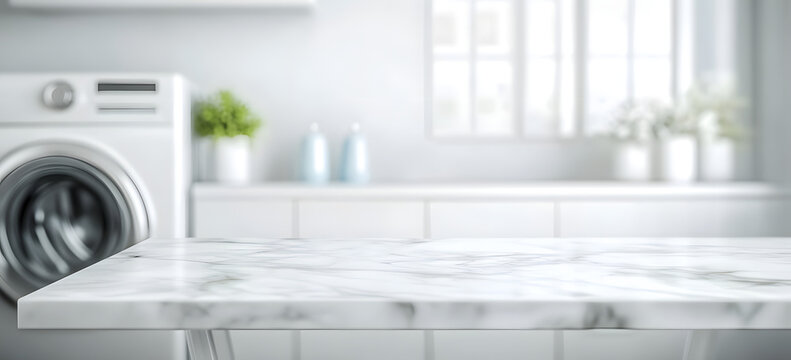 White blurry home laundry room with modern washing machine and empty marble table top. Blank space for product display. digital art