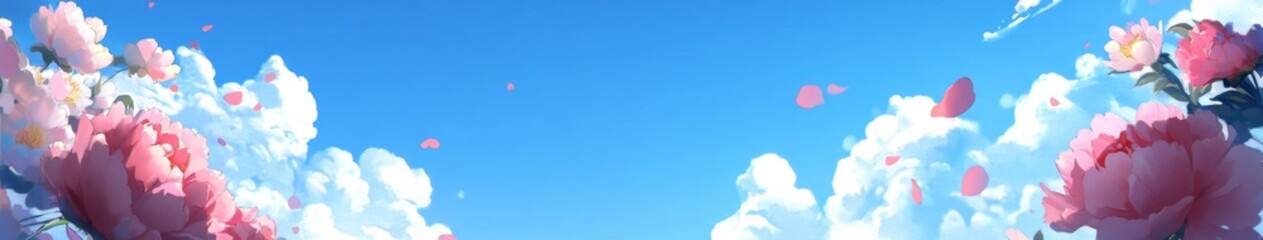 Resplendent Peony Blossoms Grace the Sky with Delicate Hues, an Animated Style Celebration of Nature's Elegance,Abstract concepts, game concept art, storybook illustrations, comic strips