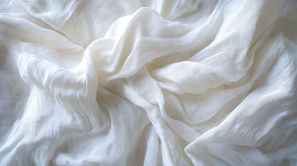 Fototapeta premium A close-up view of a crumpled white fabric, possibly a sheet or a bedsheet. The fabric displays multiple wrinkles and folds, creating a complex and intricate pattern