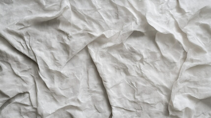 Fototapeta premium A close-up view of a white, wrinkled fabric. The fabric appears to be crumpled or creased in various directions, creating a textured surface. The wrinkles are more pronounced in certain areas
