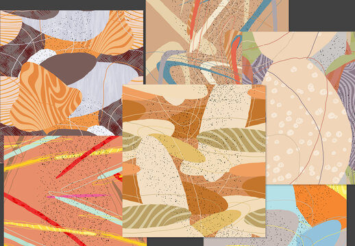 Seamless Pattern Set with Organic Grunge Textured Overlapping Oval Wavy Shapes and Lines