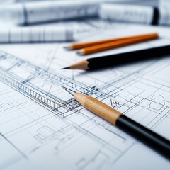 Closeup of drafting tools on a civil engineering blueprint, bridge design in progress