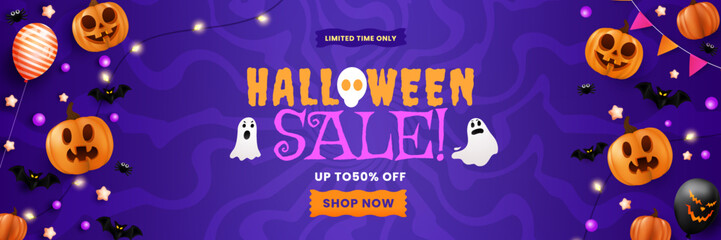 Obraz premium Cheerful Halloween sale backdrop featuring pumpkins, spiders, bats, flags, and a glowing fiesta lamp. Perfect for a party flyer or invitation template. EPS 10 vector illustration. 