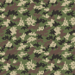 Digital Pixel Camouflage seamless fabric print pattern. Hunting digital pixelated tiles. Woodland military textile. Modern camo uniform for war soldiers. Multicolor militaristic wallpaper vector.