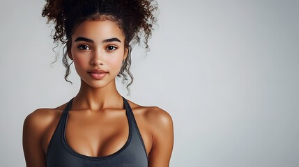 A young woman in a sleek summer sports bra, showing off her toned arms, on a white background