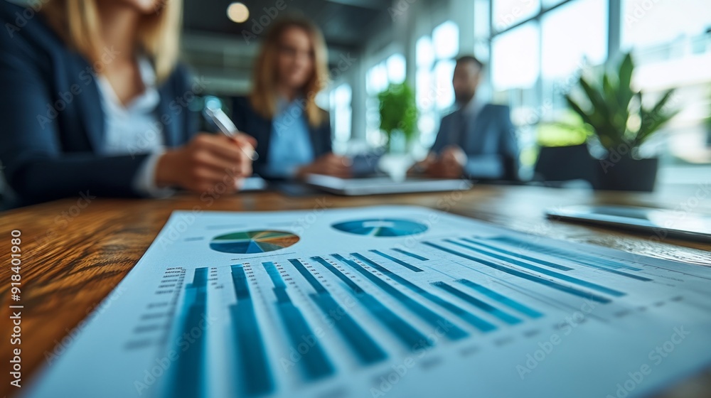 Poster a group of people are sitting around a table with a blue and white graph on it