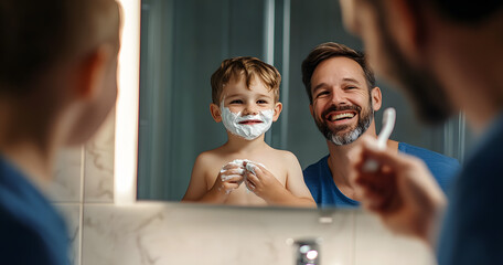 Shaving cream, bathroom and dad with son or reflection, happy and playful practice for growth or development. Father, boy and mirror in home for learning facial care, 
