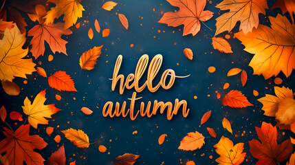 Orange autumn wreath of leaves with "Hello Autumn" text on a dark blue background, perfect for seasonal promotions, social media, and invitations. Hello Autumn text framed by rich autumn leaves