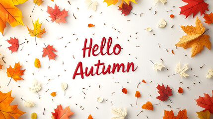 Autumn background with scattered leaves and text "Hello Autumn" on white. Hello Autumn text surrounded by colorful autumn leaves for cozy seasonal designs, promotions, greeting cards, blog headers