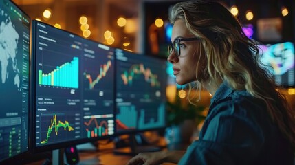 Obraz premium A woman in glasses analyzes data on multiple monitors in a dimly lit office. She looks focused and determined.
