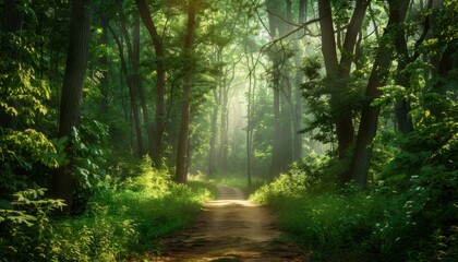 Sunlight filters through trees along a serene forest path in the early morning