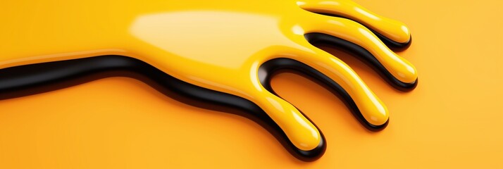 Obraz premium Abstract black liquid oil stain on bright yellow background. Place for text.