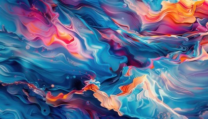 Colorful abstract painting with flowing blue and pink waves and vibrant swirls