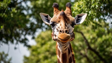 Fototapeta premium Close-up of a giraffe in front of some green trees, looking at the camera as if to say You looking at me? With space for text.