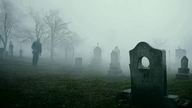 Discover a haunting graveyard filled with ancient headstones shrouded in mysterious fog