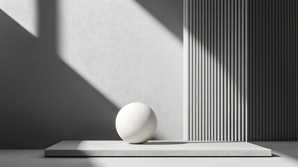 White Sphere on a Platform with Textured White Walls and Striped Panel