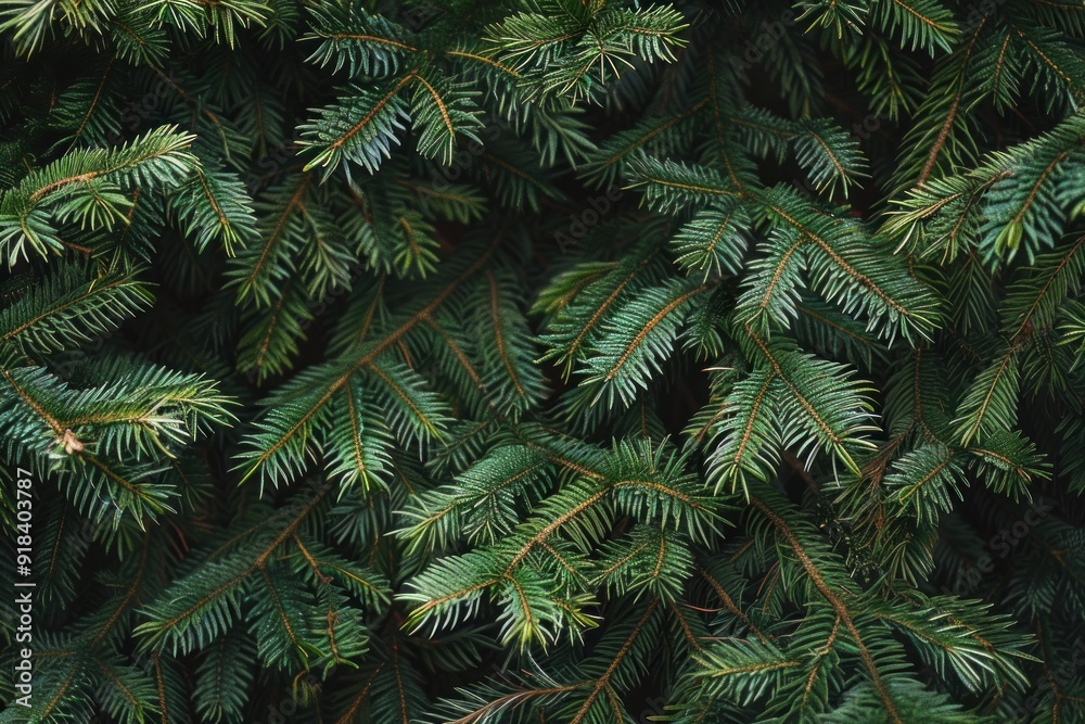 Wall mural close up view of dark green fir needles creating a natural textured backdrop