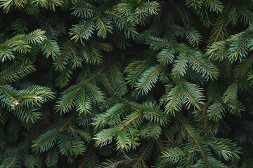 Close up view of dark green fir needles creating a natural textured backdrop