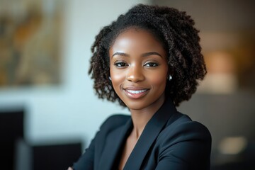 Obraz premium Portrait of a Smiling Black Woman with Curly Hair in a Black Blazer
