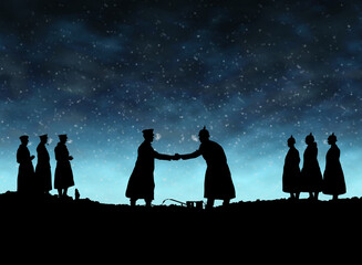 World War One Silhouettes of German and British Soldiers Shaking Hands During 1914 Christmas Truce...