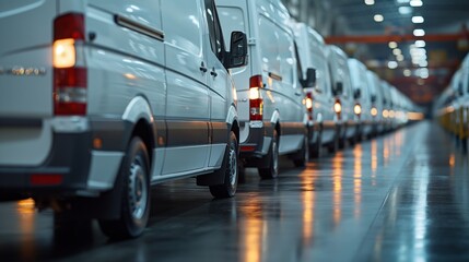 Naklejka premium A line of white vans in a warehouse, ready for delivery and logistics operations, emphasizes fleet efficiency.