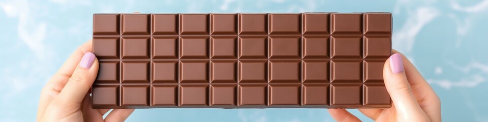 Chocolate bar in hand, wide panoramic banner with copy space.