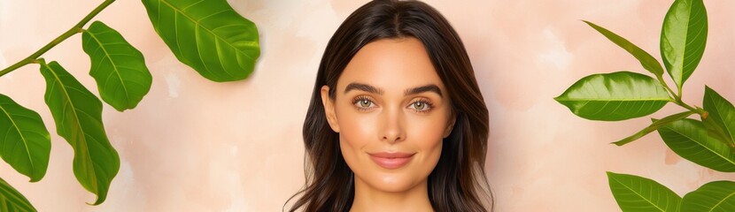 Obraz premium A woman with long hair is smiling and standing near by green plants. Concept of freshness and natural beauty. Wide panoramic banner with copy space.