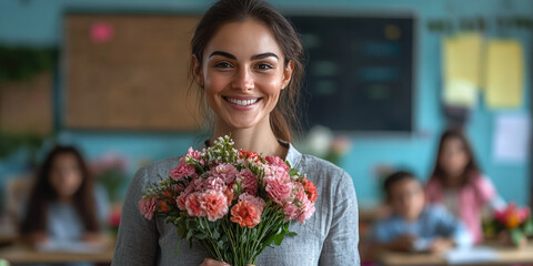 Fototapeta premium Happy young woman teacher is smiling while holding a bouquet of flowers in a classroom full of students. Teacher's day concept, back to school. Banner