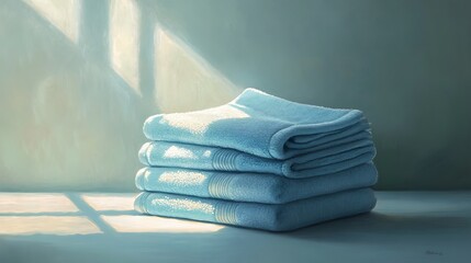 Stacked Blue Towels in a Sunlit Room