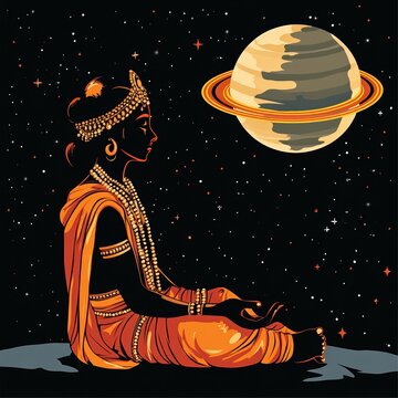 A stylized cartoon depiction of Shani Dev, sitting in a meditative pose, adorned with ornate jewelry and traditional attire, with the planet Saturn prominently visible in the starry background