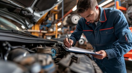 Obraz premium Mechanic in a blue uniform inspecting a car engine and writing on a clipboard in a busy automotive workshop.