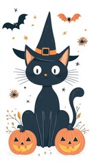 Vertical portrait of Halloween cat in a witch costume on a dark background. Scottish cat lying on a large pumpkin with a jack-o-lantern face.
