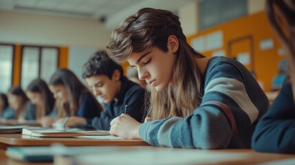 Fototapeta premium A girl is writing in her notebook in a classroom
