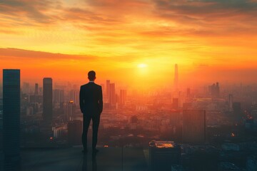 Fototapeta premium Businessman Standing on Rooftop Overlooking City Skyline at Sunset