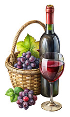 A detailed still life of wine, grapes, and a glass in a wicker basket
