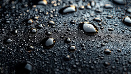Liquid Texture Elegance. Close-up of water droplets on a dark surface.