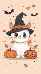 Halloween cat in a witch costume on a dark background. Scottish cat lying on a large pumpkin with a jack-o-lantern face.