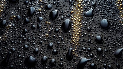 Raindrops Dance. A close-up of water droplets on a textured surface, with golden beads adding a touch of elegance.