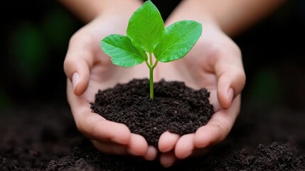 A person gently holds a small green plant emerging from dark soil, symbolizing growth, care, and environmental awareness.