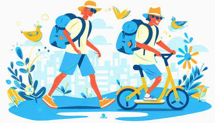 Fototapeta premium Two People Traveling: One Walking, One Riding a Scooter