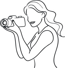 continuous single line drawing of woman with DSLR camera taking pictures, line art vector illustration