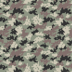 Digital Pixel Camouflage seamless fabric print pattern. Hunting digital pixelated tiles. Woodland military textile. Modern camo uniform for war soldiers. Multicolor militaristic wallpaper vector.