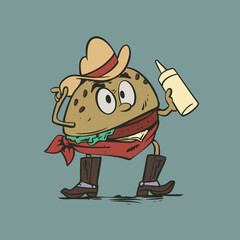 Cowboy Hamburger Holding Mayonnaise Bottle Cartoon Vector Mascot Illustration