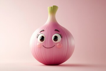 Smiling red onion with face, 3d cartoon character on pink color background. Copy space for text. Concept: animated vegetable, cute character, healthy food
