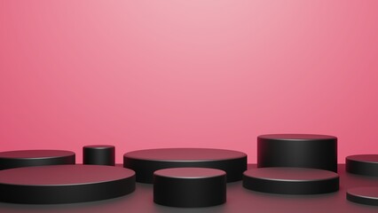 Black rounded podium with pink background. 3d render of minimalist podium. Cylinder stage template. For cosmetic product display, presentation, advertisement, or branding.