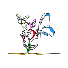butterfly and roses flower continuous line art