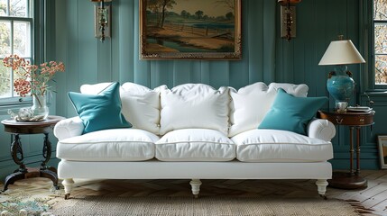 cushions blank background wall wall mockup art white sofa promotion colorful interior turquoise copyspace modern 